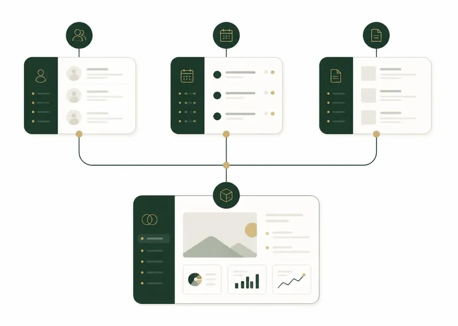 Workflow visual showing client, meeting, and proposal information in one workspace