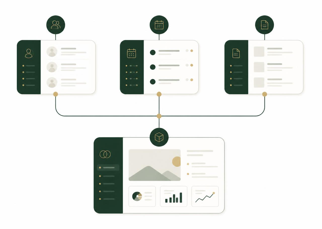 Workflow visual showing client, meeting, and proposal information in one workspace