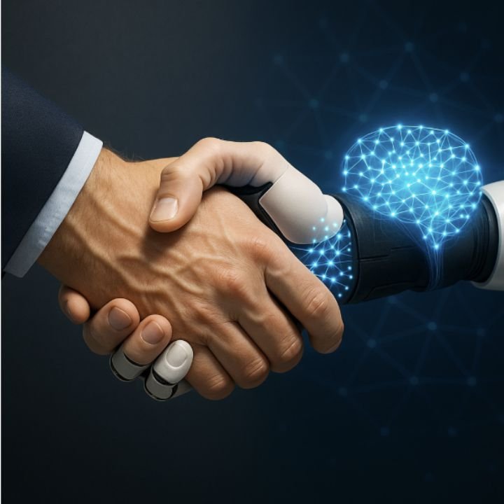 handshake between a business professional and an AI robot, symbolizing collaboration in automation and data analytics